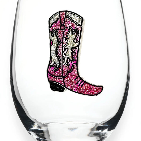 Pink Cowgirl Boot Stemless Wine Glass